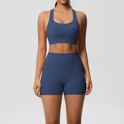 2PCS Sportswear with Pocketed Yoga Set Gym Clothes Yoga Suits for Women Tracksuits Sports Shorts Crossover Bra Gym Leggings