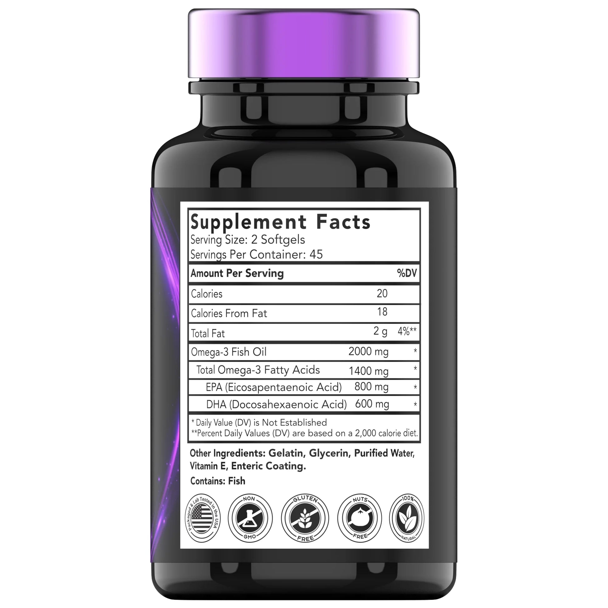 Burpless Omega 3 Fish Oil 2000Mg Enteric Coated Softgels with Epa Dha Wild Caught Purified Omega 3 Fatty Acid Supplements Mercury Free, Count 90