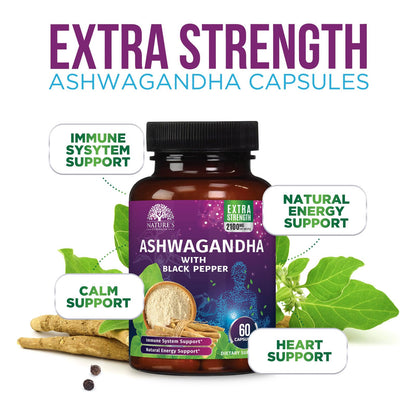 Ashwagandha Supplements - High-Absorption Ashwagandha Root Extract Powder with Black Pepper for Max Absorption - Herbal Supplement for Women & Men, Vegan & Gluten Free, Bottled in USA - 60 Capsules