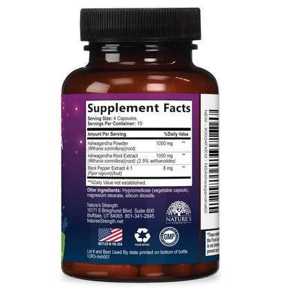 Ashwagandha Supplements - High-Absorption Ashwagandha Root Extract Powder with Black Pepper for Max Absorption - Herbal Supplement for Women & Men, Vegan & Gluten Free, Bottled in USA - 60 Capsules