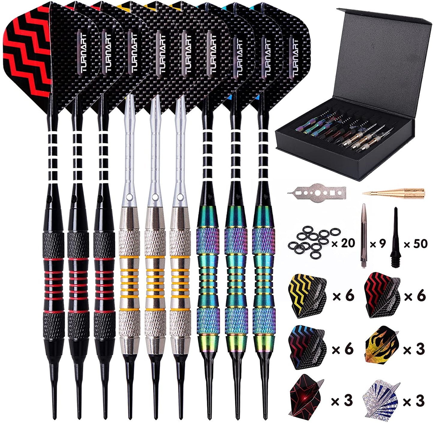 Darts Plastic Tip 9 Pcs 18 Grams Professional Soft Tip | Darts Set for Electronic Dartboard with 50 Extra Tips 9 Shafts 27 Flights Tool Kit Flight Protectors and Gift Darts Case