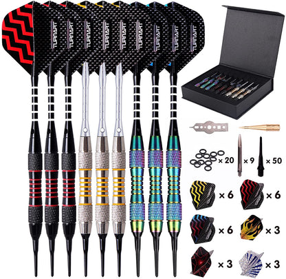 Darts Plastic Tip 9 Pcs 18 Grams Professional Soft Tip | Darts Set for Electronic Dartboard with 50 Extra Tips 9 Shafts 27 Flights Tool Kit Flight Protectors and Gift Darts Case