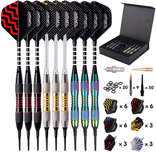 Darts Plastic Tip 9 Pcs 18 Grams Professional Soft Tip | Darts Set for Electronic Dartboard with 50 Extra Tips 9 Shafts 27 Flights Tool Kit Flight Protectors and Gift Darts Case