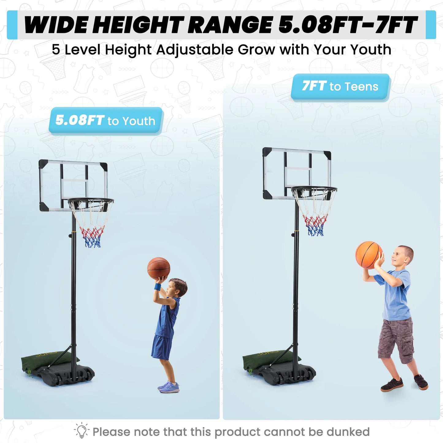 28In Basketball Hoop Basketball Goal System Height Adjustable 5.1Ft to 7Ft Court for All Age Ranges Indoor Outdoor Use