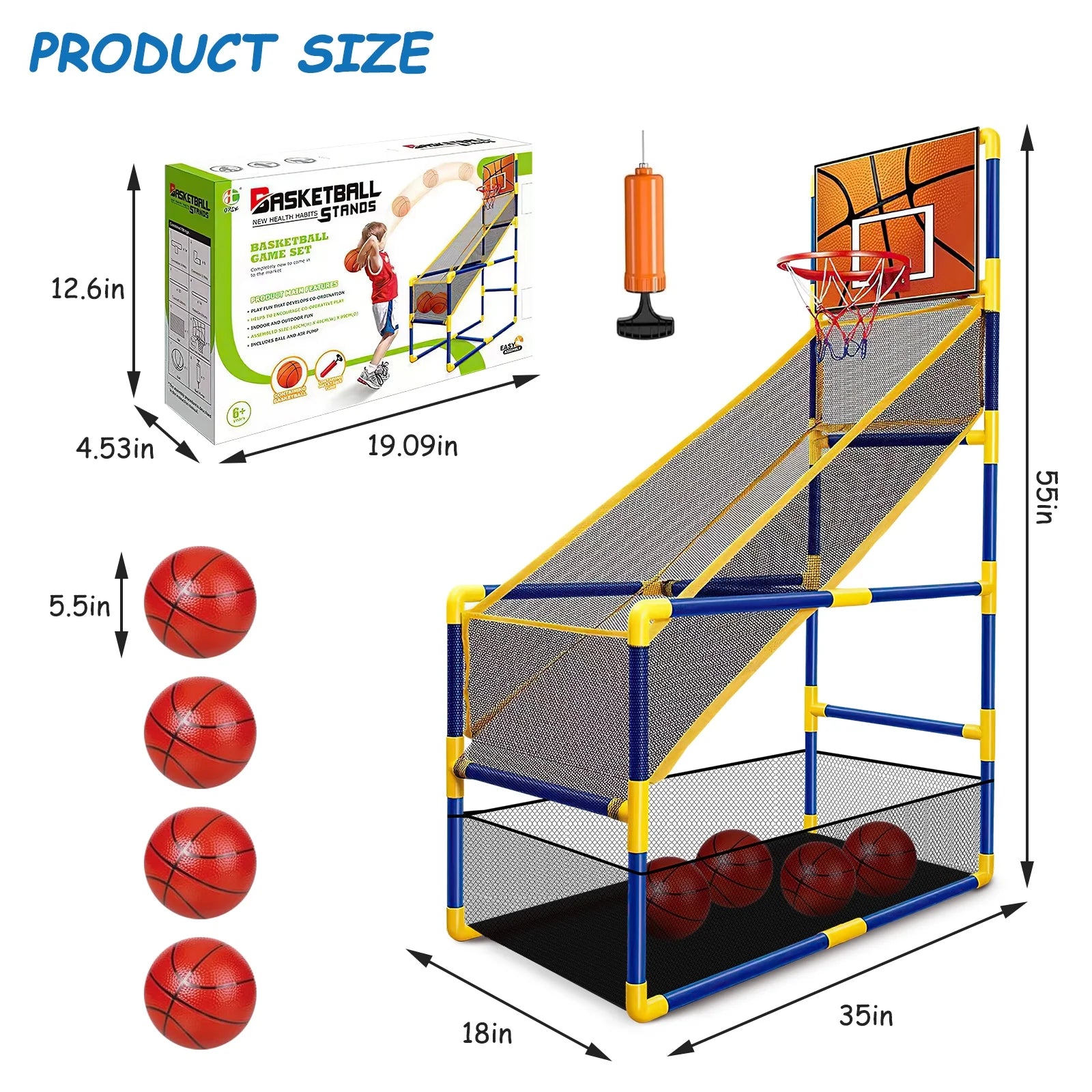 Arcade Basketball Game Set for Kids, Toddler Basketball Hoop with 4 Balls & Air Pump, Indoor and Outdoor Sports Play Toys Gifts for Boys Girls Aged 3-4 5-6 7-8 Years Old Adjustable Height Stand