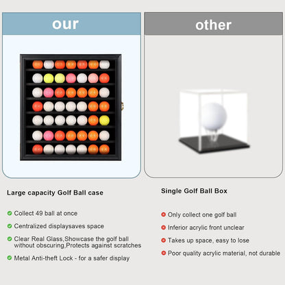 49 Golf Ball Display Case Lockable - Golf Ball Holder Gift for Golf Enthusiasts - Golf Ball Display Rack Cabinet for Wall Mount Real Glass Door, Black