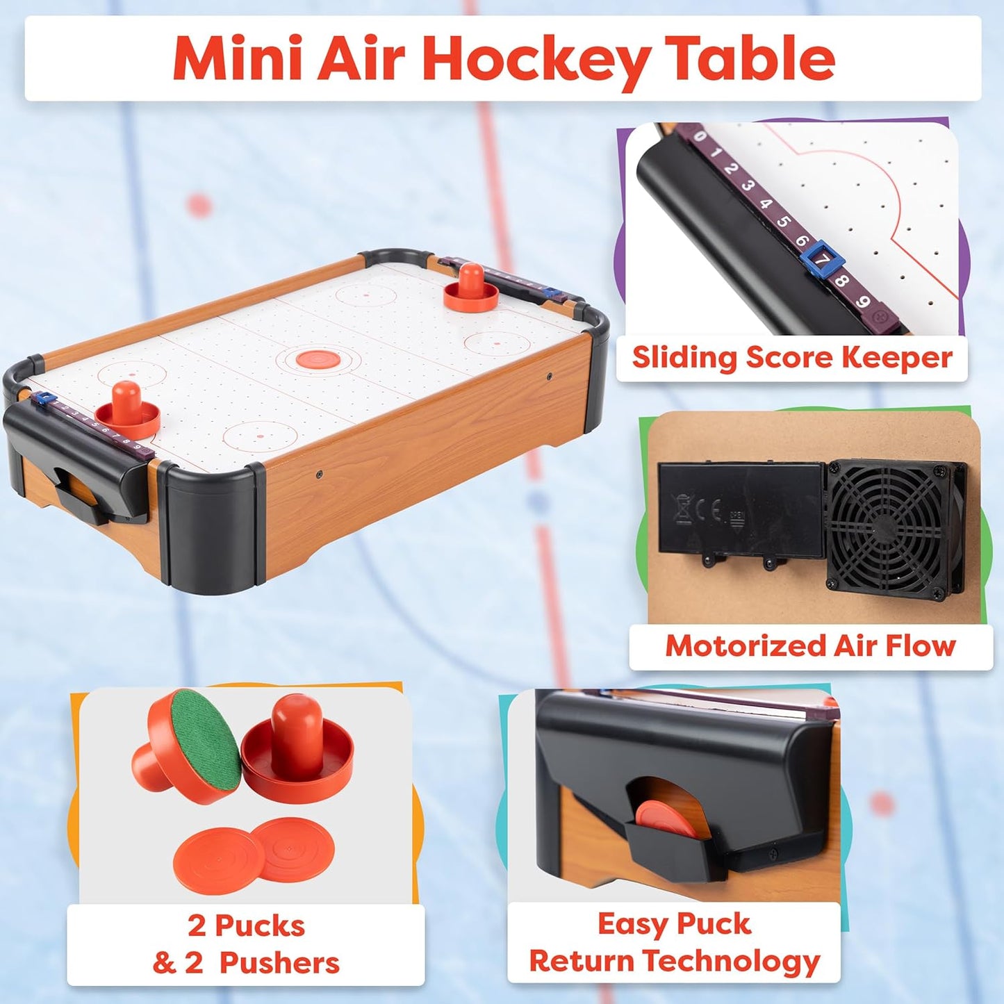 Hey Play Air Hockey Table Mini Arcade Game, 22” X 12” X 4” | Tabletop Board Game for Girls and Boys, Battery-Operated, and Includes Puck and Paddles