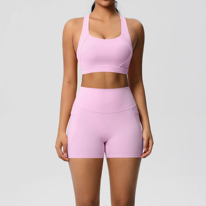 2PCS Sportswear with Pocketed Yoga Set Gym Clothes Yoga Suits for Women Tracksuits Sports Shorts Crossover Bra Gym Leggings