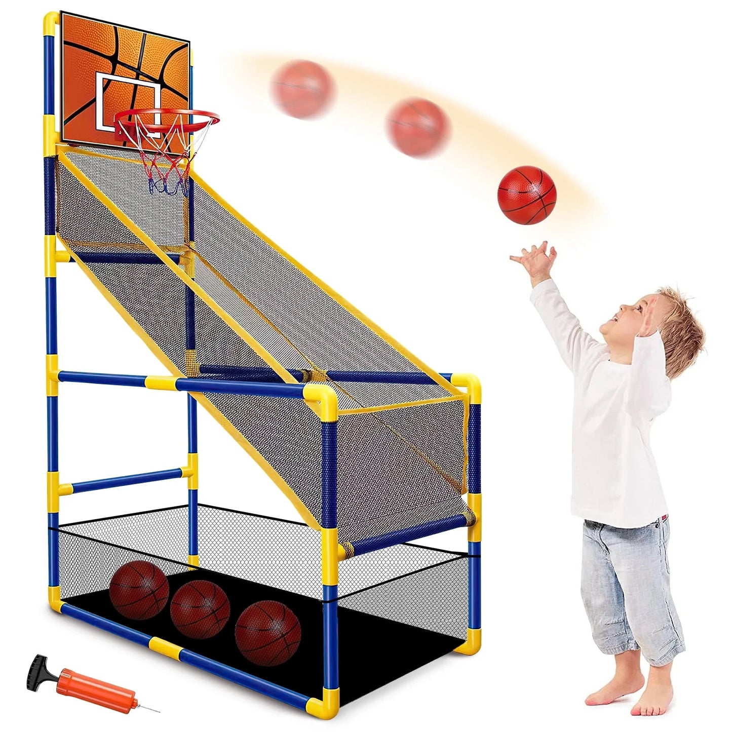 Arcade Basketball Game Set for Kids, Toddler Basketball Hoop with 4 Balls & Air Pump, Indoor and Outdoor Sports Play Toys Gifts for Boys Girls Aged 3-4 5-6 7-8 Years Old Adjustable Height Stand