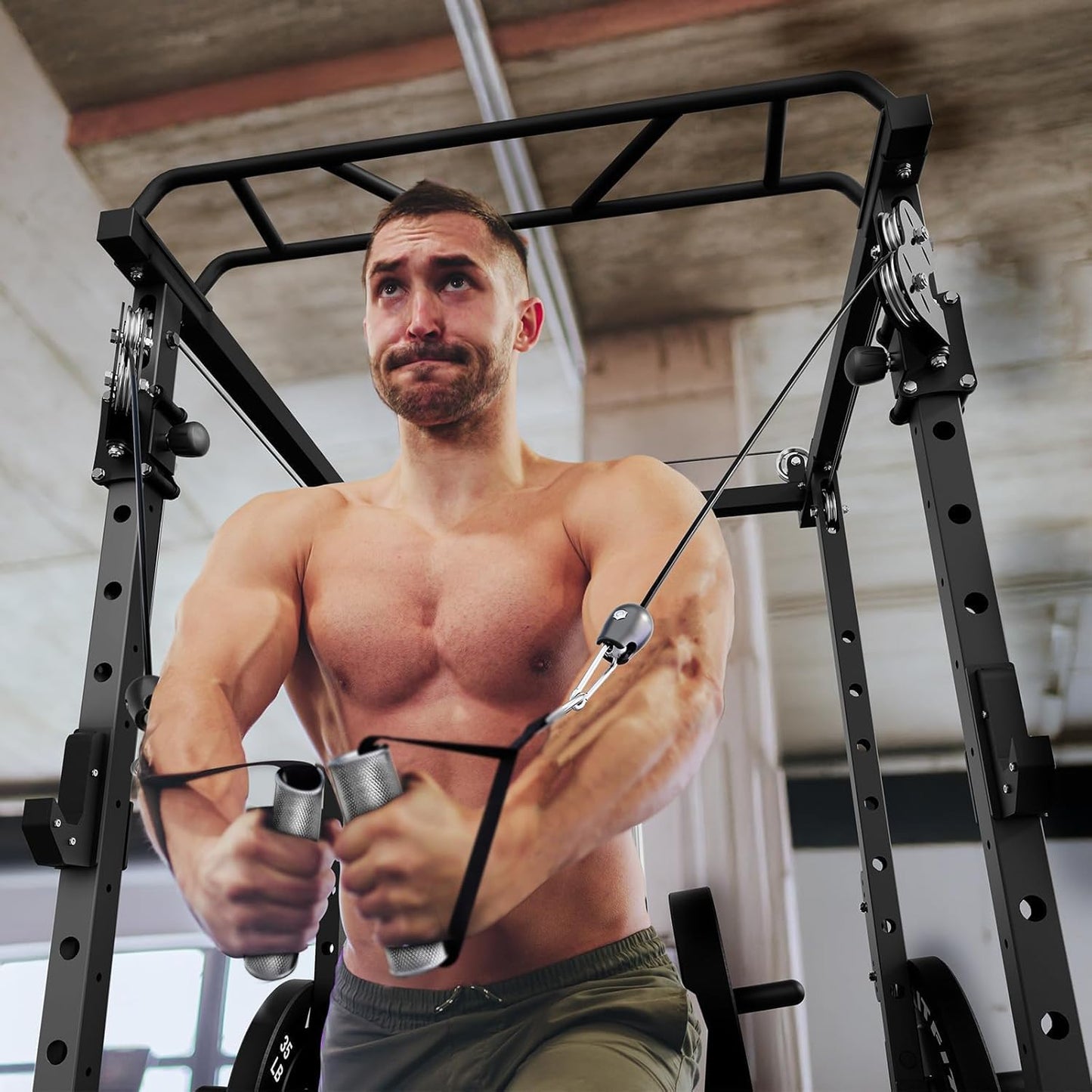 Power Cage Home Gym Package with Cable Crossover System | 1200LBS Power Rack, Weight Bench, Olympic Barbell & 230LBS Bumper Plates — All-In-One Home Gym