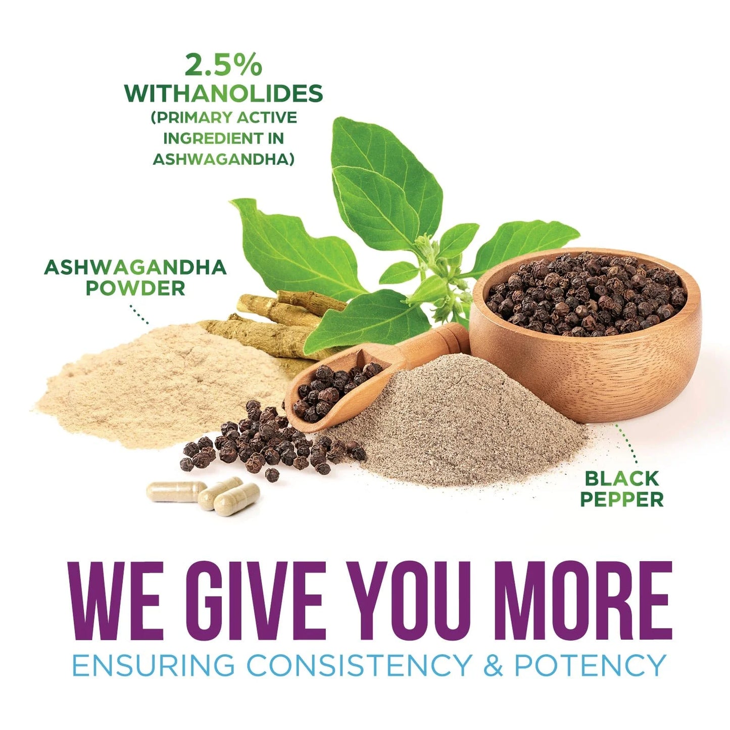 Ashwagandha Supplements - High-Absorption Ashwagandha Root Extract Powder with Black Pepper for Max Absorption - Herbal Supplement for Women & Men, Vegan & Gluten Free, Bottled in USA - 60 Capsules