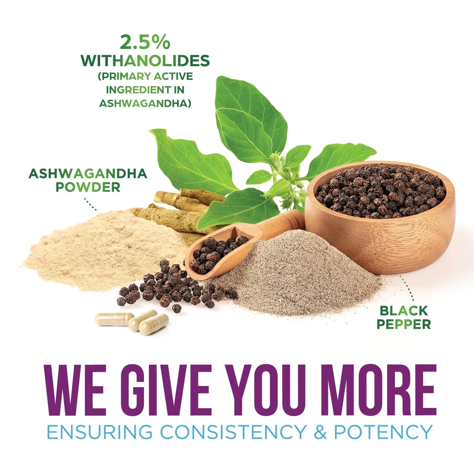 Ashwagandha Supplements - High-Absorption Ashwagandha Root Extract Powder with Black Pepper for Max Absorption - Herbal Supplement for Women & Men, Vegan & Gluten Free, Bottled in USA - 60 Capsules