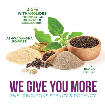 Ashwagandha Supplements - High-Absorption Ashwagandha Root Extract Powder with Black Pepper for Max Absorption - Herbal Supplement for Women & Men, Vegan & Gluten Free, Bottled in USA - 60 Capsules