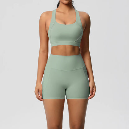 2PCS Sportswear with Pocketed Yoga Set Gym Clothes Yoga Suits for Women Tracksuits Sports Shorts Crossover Bra Gym Leggings